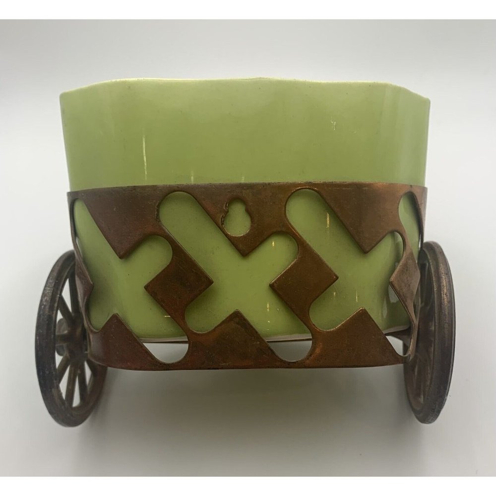 Vintage MCM California Pottery Glendale Chartruese Green Planter Copper Wagon